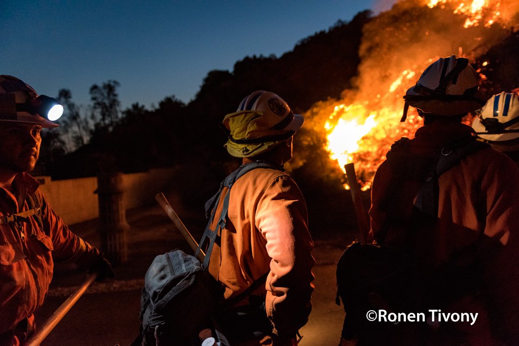 Duarte, California: Firefighters at the Fish Fire east of Los Angeles, California. The brush fire in the Angeles National Forest, has consumed 3,500 acres and continues to rage forcing mandatory evacuations while California continues to experience triple digit temperatures. (Ronen Tivony)